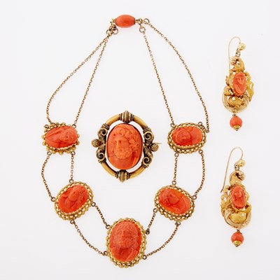 Lot 3176 - Gold, Gold-Filled and Coral Cameo Swag Necklace, Brooch and Pair of Pendant-Earrings