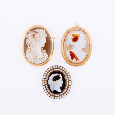 Lot 3169 - Two Gold and Sardonyx Cameo Pendant-Brooches and Brooch