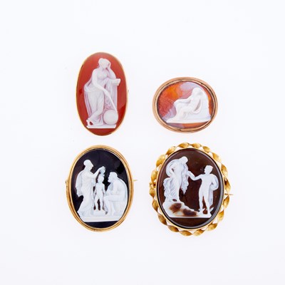 Lot 3180 - Three Gold and Sardonyx Classical Cameo Brooches and Gold-Filled and Sardonyx Cameo Brooch