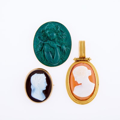Lot 3179 - Two Gold, Low Karat Gold, Carved Malachite and Sardonyx Cameo Brooches and Pendant