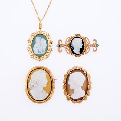 Lot 3175 - Three Gold, Low Karat Gold and Sardonyx Cameo Brooches and Pendant with Chain Necklace