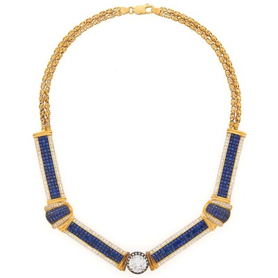 Lot 3311 - Gold, Silver, Invisibly-Set Sapphire, Simulated Diamond and Diamond Necklace
