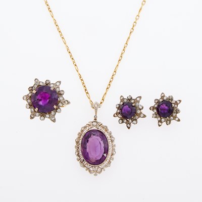 Lot 3326 - Silver, Gold, Amethyst and Diamond Pendant with Chain Necklace, Pair of Earclips and Ring