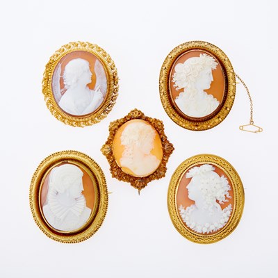 Lot 3171 - Five Gold and Shell Cameo Brooches