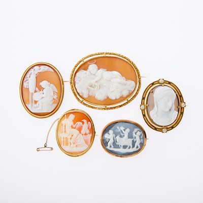 Lot 3182 - Five Gold, Hardstone and Shell Cameo Brooches