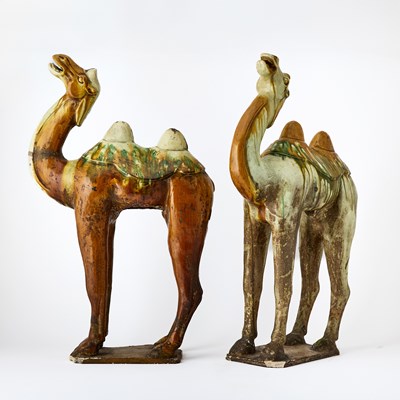 Lot 126 - Pair of Chinese Tang Style Sancai Glazed Pottery Figures of Bactrian Camels