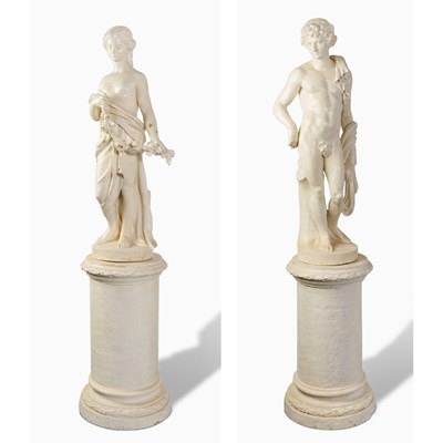 Lot 304 - Pair of Italian White-Painted Terracotta Figures of a Maiden and a Youth on Pedestals