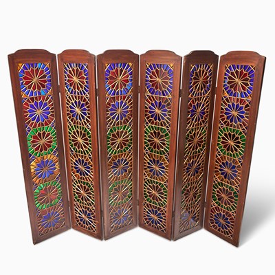 Lot 136 - Persian Colored Glass and Fruitwood Six-Panel Screen