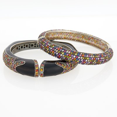 Lot 3130 - Pair of Silver, Enamel and Multicolored Sapphire Bangle Bracelets