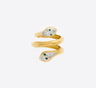 Lot 3094 - Two-Color Gold, Diamond and Emerald Serpent Ring