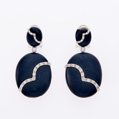 Lot 3133 - Pair of White Gold, Jet and Diamond Pendant-Earrings