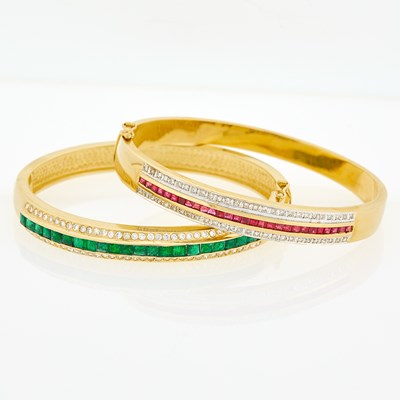 Lot 3114 - Pair of Gold, Emerald, Ruby and Diamond Bangle Bracelets