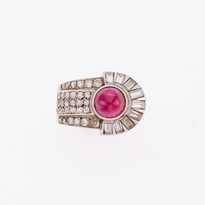 Lot 3289 - Platinum, Cabochon Ruby and Diamond Ring