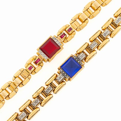 Lot 3258 - Two Two-Color Gold, Diamond, Ruby and Glass Bracelets