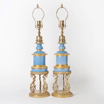 Lot 558 - Pair of French Gilt-Metal Mounted Blue Porcelain Table Lamps