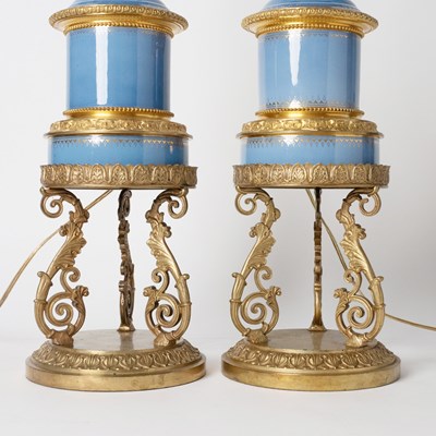 Lot 558 - Pair of French Gilt-Metal Mounted Blue Porcelain Table Lamps