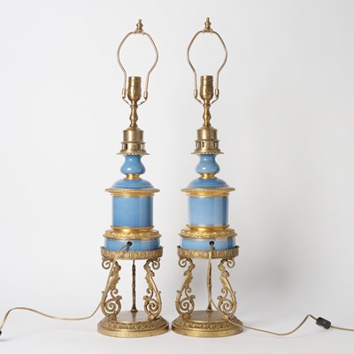 Lot 558 - Pair of French Gilt-Metal Mounted Blue Porcelain Table Lamps