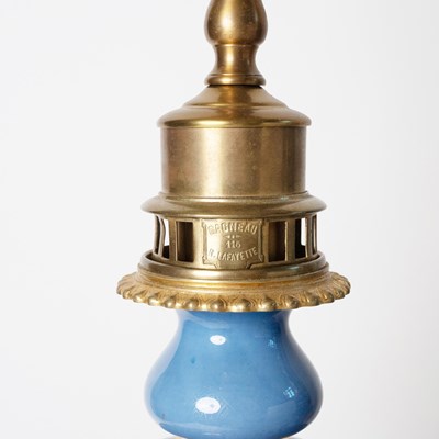 Lot 558 - Pair of French Gilt-Metal Mounted Blue Porcelain Table Lamps