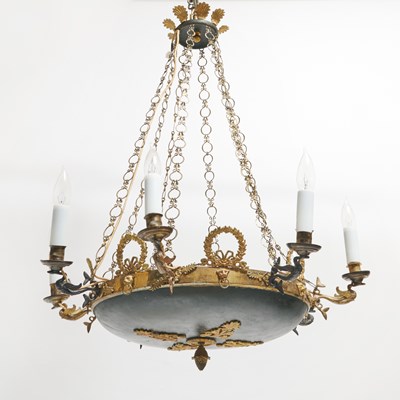 Lot 708 - Empire Style Tole Peinte and Gilt Bronze Eight-Light Chandelier