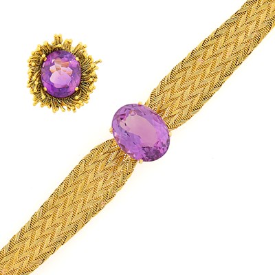 Lot 3195 - Gold and Amethyst Bracelet and Fringe Ring