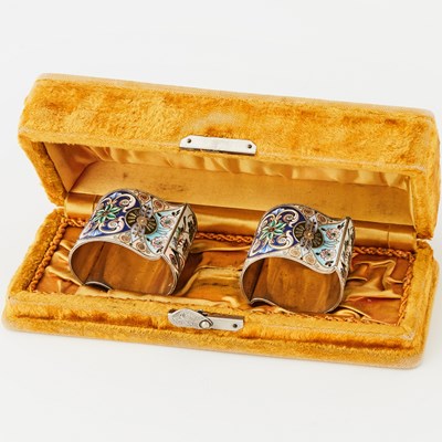 Lot 74 - Pair of Russian Silver-Gilt and Cloisonné Enamel Napkin Rings