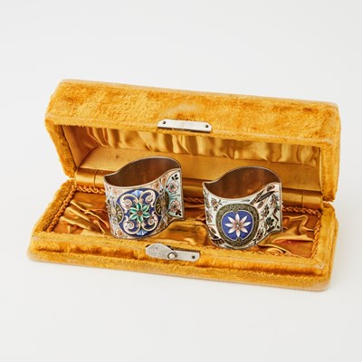 Lot 74 - Pair of Russian Silver-Gilt and Cloisonné Enamel Napkin Rings