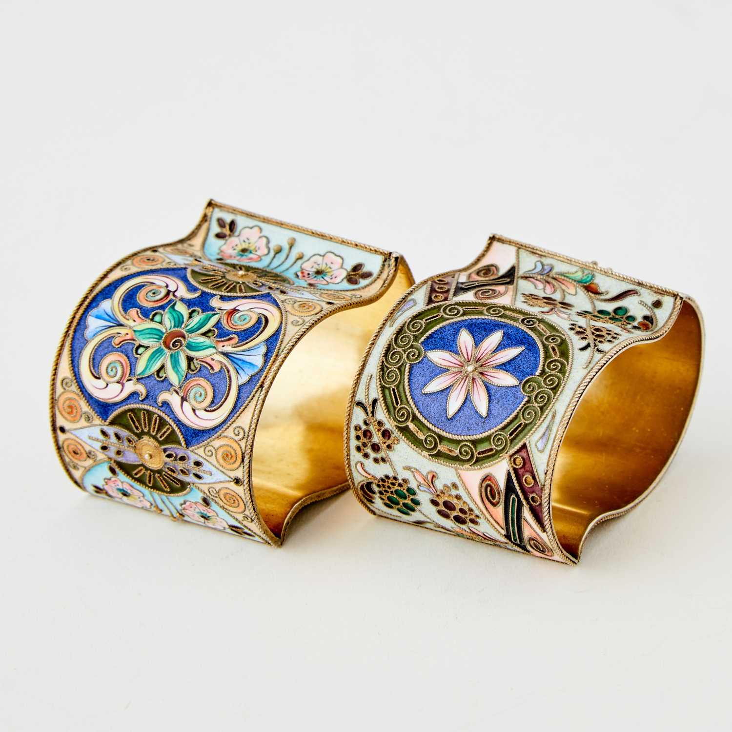 Lot 74 - Pair of Russian Silver-Gilt and Cloisonné Enamel Napkin Rings