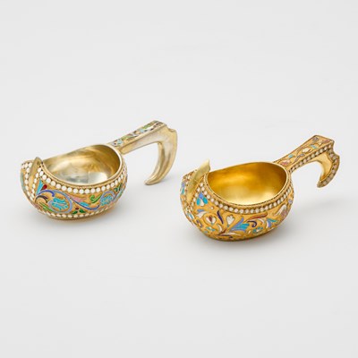 Lot 214 - Two Russian Silver-Gilt and Cloisonné Enamel Kovshi