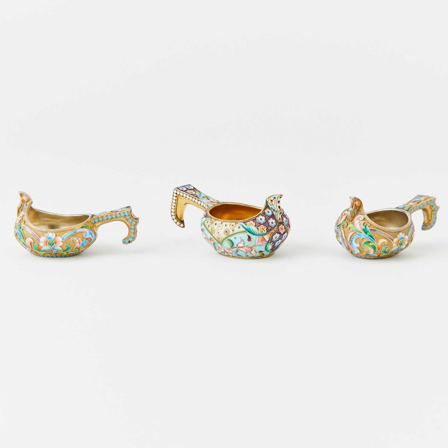 Lot 92 - Three Russian Silver-Gilt and Cloisonné Enamel Kovshi