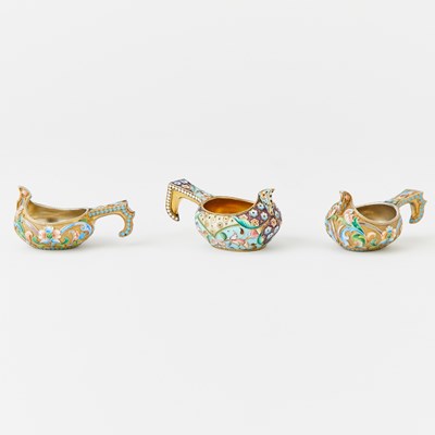 Lot 92 - Three Russian Silver-Gilt and Cloisonné Enamel Kovshi