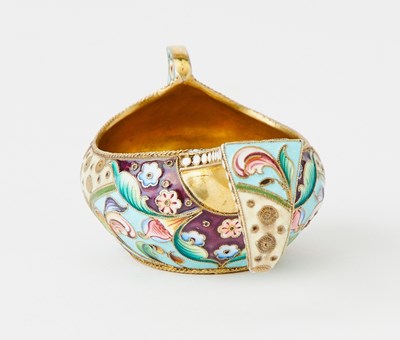 Lot 92 - Three Russian Silver-Gilt and Cloisonné Enamel Kovshi