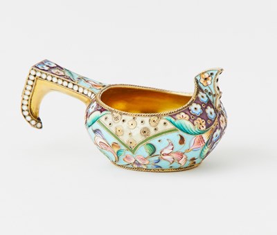 Lot 92 - Three Russian Silver-Gilt and Cloisonné Enamel Kovshi