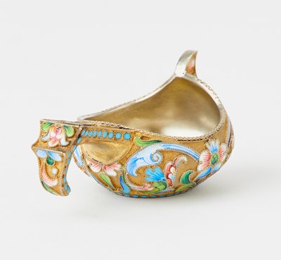 Lot 92 - Three Russian Silver-Gilt and Cloisonné Enamel Kovshi