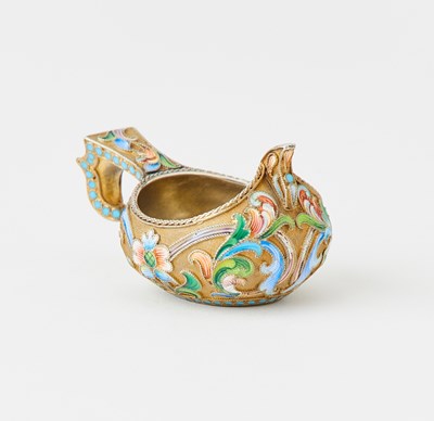 Lot 92 - Three Russian Silver-Gilt and Cloisonné Enamel Kovshi