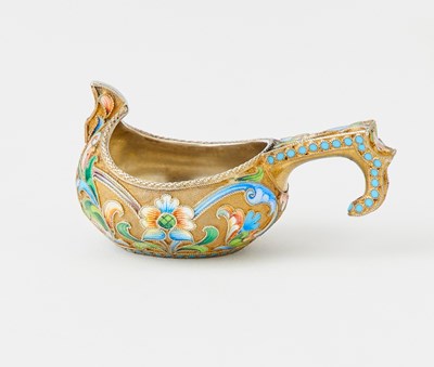 Lot 92 - Three Russian Silver-Gilt and Cloisonné Enamel Kovshi