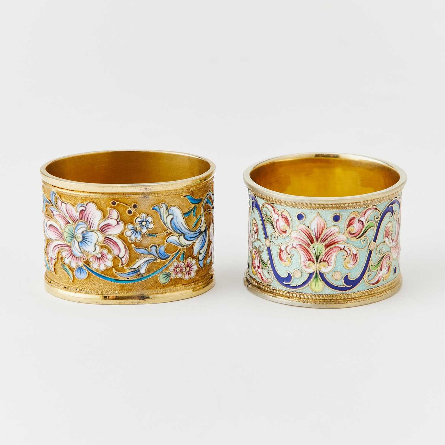 Lot 76 - Two Russian Silver-Gilt and Cloisonné Enamel Napkin Rings