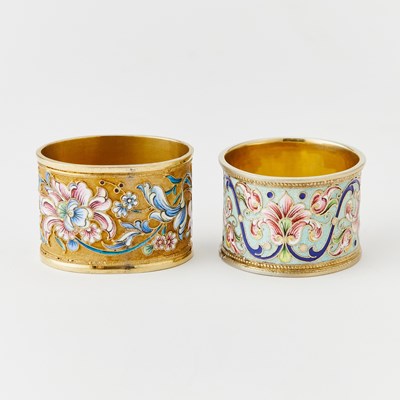 Lot 76 - Two Russian Silver-Gilt and Cloisonné Enamel Napkin Rings