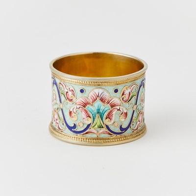Lot 76 - Two Russian Silver-Gilt and Cloisonné Enamel Napkin Rings