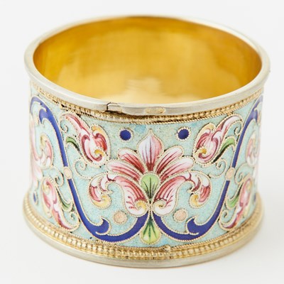 Lot 76 - Two Russian Silver-Gilt and Cloisonné Enamel Napkin Rings