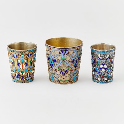 Lot 219 - Three Russian Silver and Cloisonné Enamel Vodka Cups
