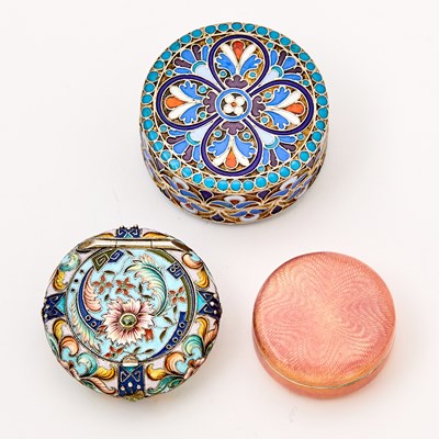 Lot 224 - Three Russian Silver and Enamel Pill Boxes