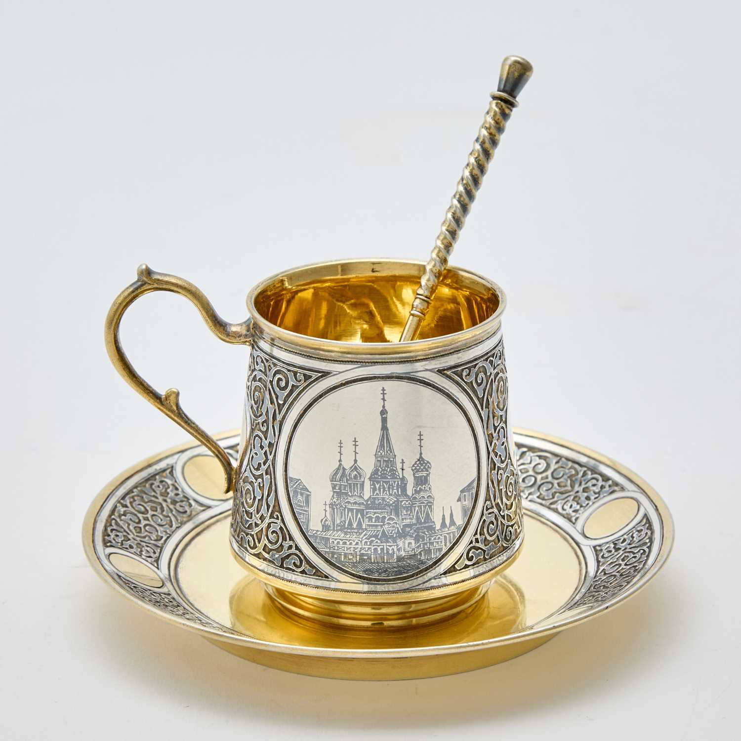 Lot 105 - Russian Silver-Gilt and Niello Cup, Saucer and Spoon