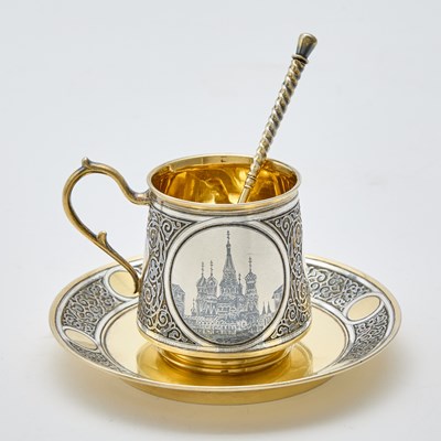 Lot 105 - Russian Silver-Gilt and Niello Cup, Saucer and Spoon