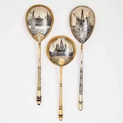 Lot 104 - Three Russian Silver-Gilt Niello Spoons