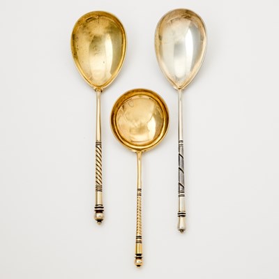 Lot 104 - Three Russian Silver-Gilt Niello Spoons
