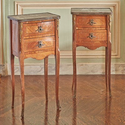 Lot 712 - Pair of Transitional Louis XV/XVI Style Bedside Tables with Two Drawers