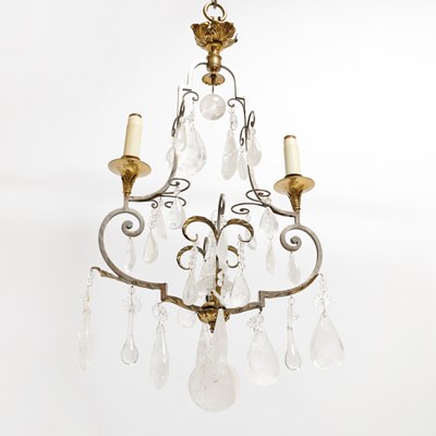 Lot 714 - Louis XVI Style Bronze Mounted Iron Two Light Fixture with Rock Crystal Pendants