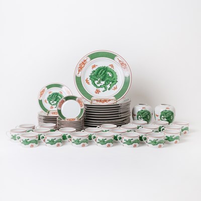 Lot 716 - Fitz and Floyd Porcelain "Dragon Crest Green" Pattern Partial Dinner Set