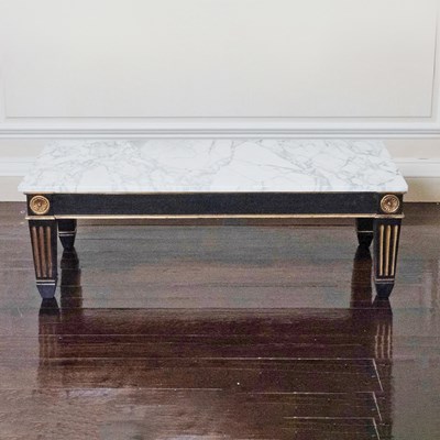 Lot 718 - Louis XVI Style Black Painted and Parcel Gilt Low Table with a White Marble Top