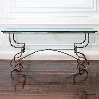 Lot 719 - Pair of Brass and Iron Console Tables with Glass Tops